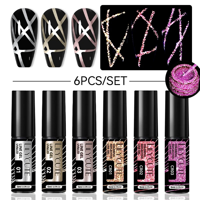 LILYCUTE 6Pcs Colorful Reflective Glitter Nail Art Liner