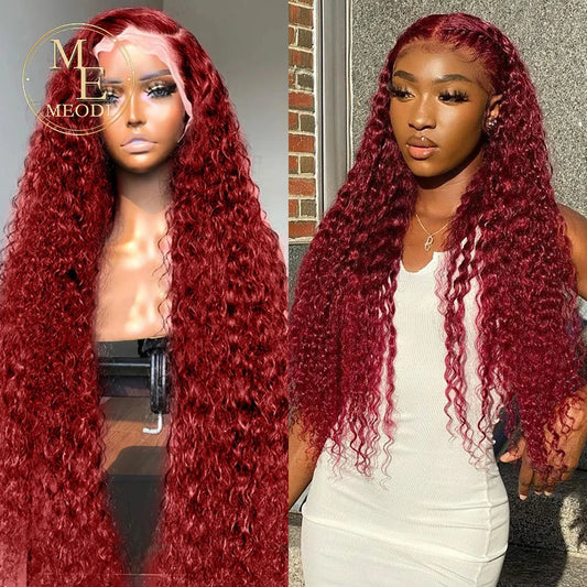 Burgundy Lace Front Human Hair Wigs Deep Wave