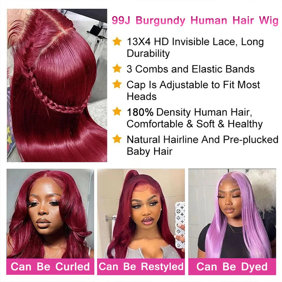 Burgundy Glueless Prep-lucked Human Hair Front Wigs HD