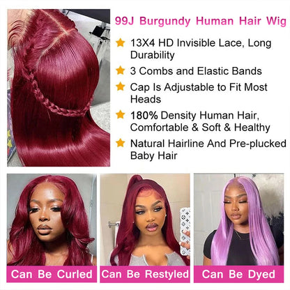 Burgundy Glueless Prep-lucked Human Hair Front Wigs HD