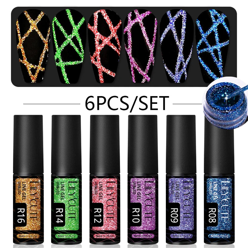 LILYCUTE 6Pcs Colorful Reflective Glitter Nail Art Liner