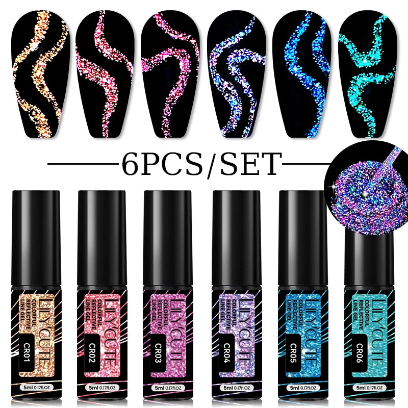 LILYCUTE 6Pcs Colorful Reflective Glitter Nail Art Liner