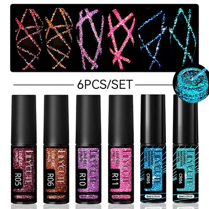 LILYCUTE 6Pcs Colorful Reflective Glitter Nail Art Liner